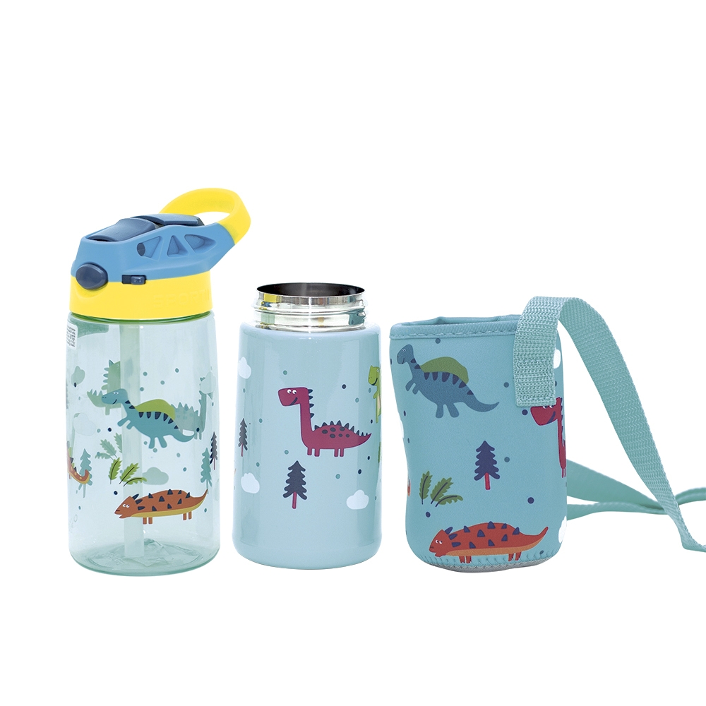 Set 3 in 1 recipient din tritan cu pai 500 ml, termos otel inoxidabil 350 ml, cu capac,maner, husa neopren si bretea transport Olmitos Dino