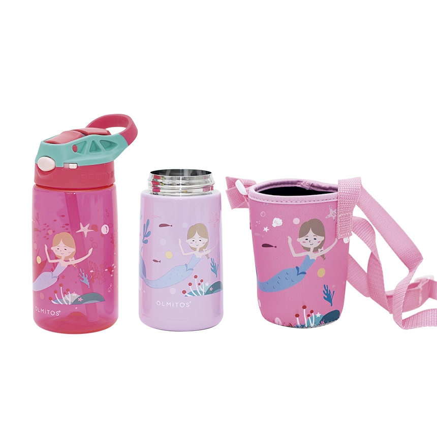 Set 3 in 1 recipient din tritan cu pai 500 ml, termos otel inoxidabil 350 ml, cu capac,maner, husa neopren si bretea transport Olmitos Mermaid