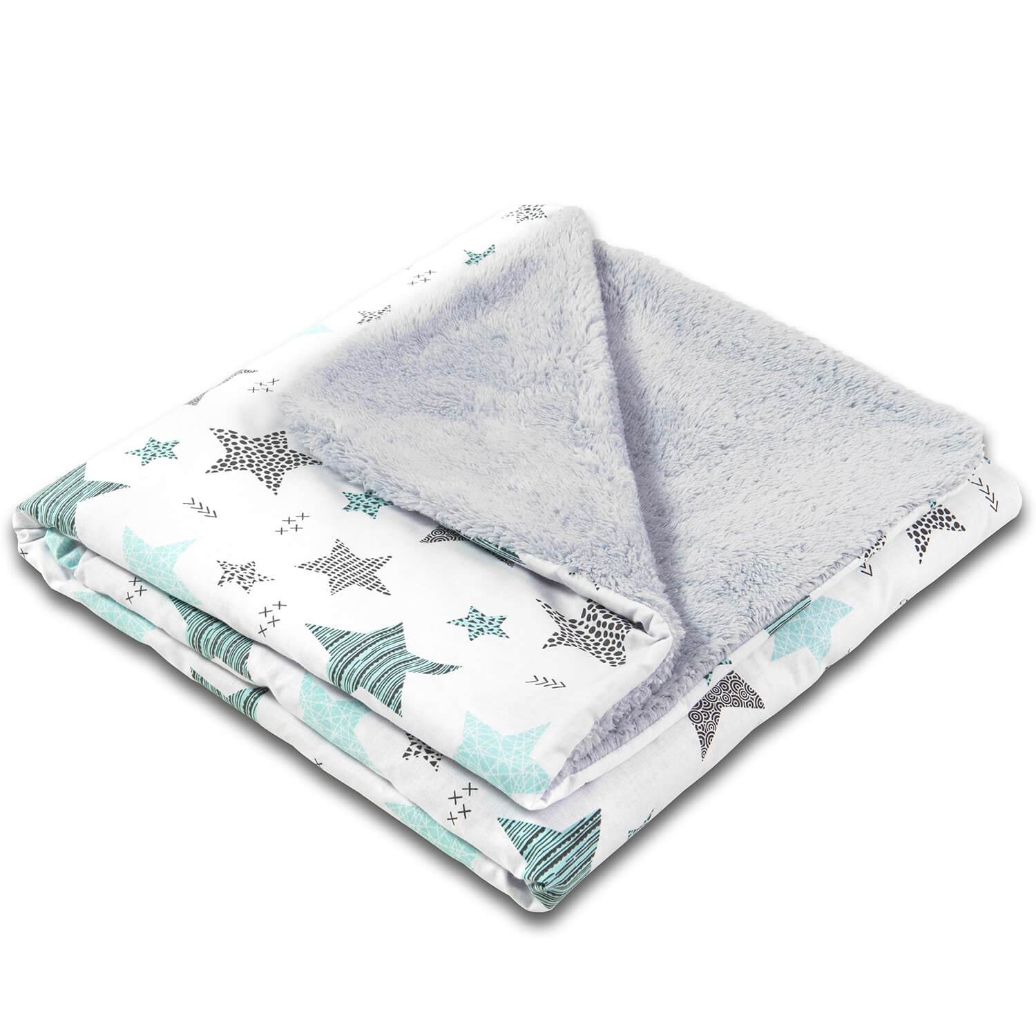 Paturica dubla pufoasa cu doua fete 100x78 cm Kidizi Fluffy All Mint Stars