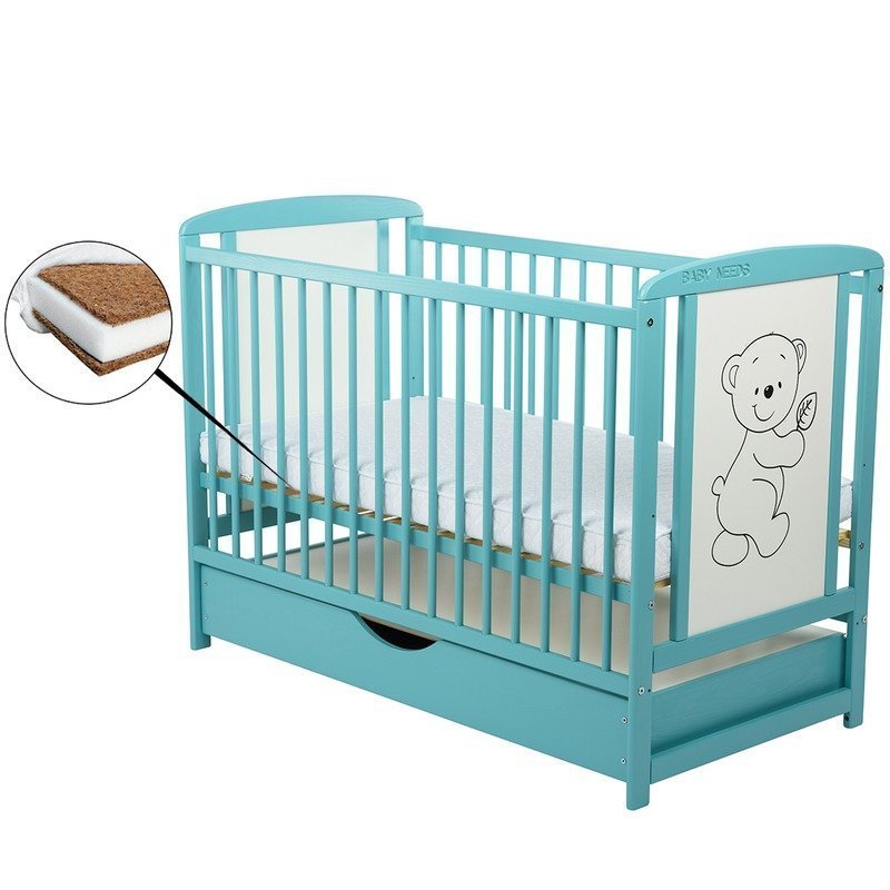 BabyNeeds - Patut din lemn Timmi 120x60 cm cu sertar Mint + saltea 12 cm