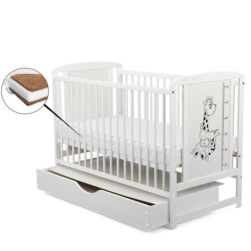 BabyNeeds - Patut din lemn Timmi Girafa 120x60 cm cu sertar alb + saltea 12 cm