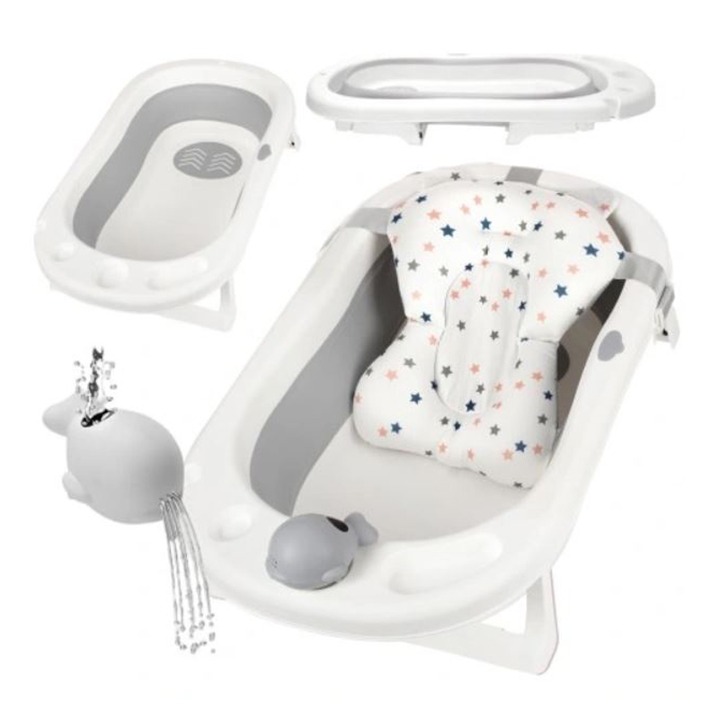 Cadita pliabila XL cu suport anatomic Primabobo Kasia Grey, include jucarie