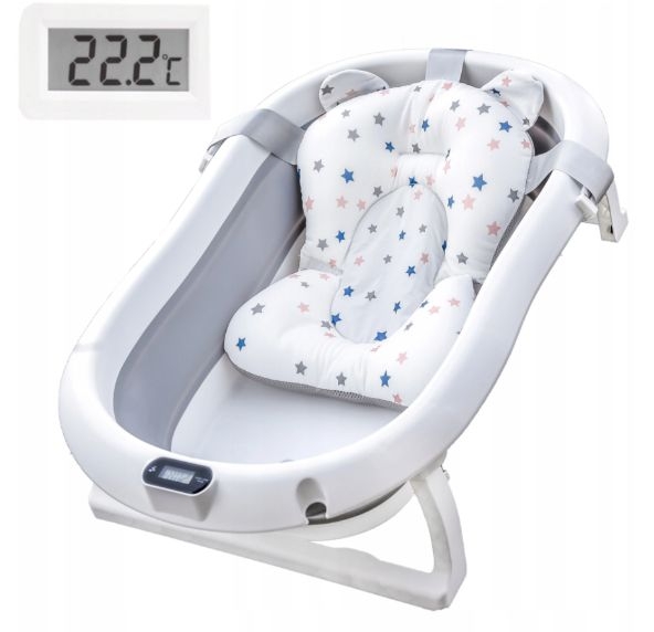 Cadita pliabila cu termometru si suport anatomic Primabobo Genua Premium grey, certificat EN71, include dop si suport antialunecare