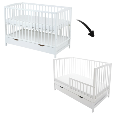 Patut din lemn masiv cu sertar, capac si bariera 120x60 cm Kidizi Orella alb,reglabil pe 3 nivele, certificat EN71