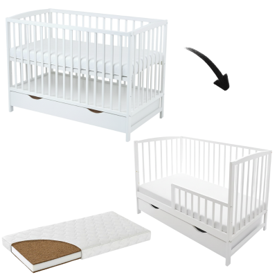 Patut din lemn masiv cu sertar, capac si bariera 120x60 cm Kidizi Orella alb si saltea cocos LUX 120x60x12 cm, reglabil pe 3 nivele, certificat EN71