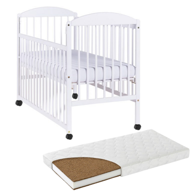 Patut din lemn masiv 120x60 cm Kidizi Orella alb cu laterala culisanta, roti si saltea cocos LUX 120x60x9 cm, reglabil pe 3 nivele, certificat EN71