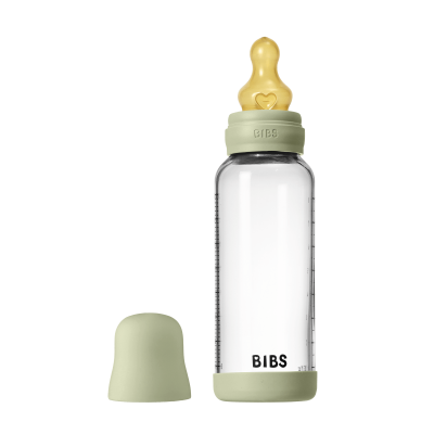 Set complet BIBS biberon din sticla anticolici cu tetina din latex, flux mediu, 240 ml, Sage