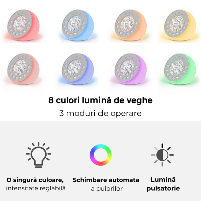 Dispozitiv de sunete albe si melodii cu lumina de veghe Kidizi W05, 31 sunete, 8 culori, functie memorie, timer