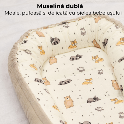 Cosulet bebelus din muselina bumbac 100% Kidizi Baby Nest Cuddly Buddies  –  reglabil si reversibil, 90x50 cm