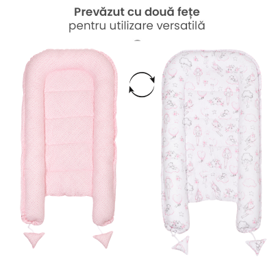 Set bebe nou-nascut 5 piese Kidizi - Babynest Cocoon 90x50 cm, prosop cu gluga 90x90 cm, paturica din muselina, 2 aleze impermeabile si centura anticolici - Fairy Clouds