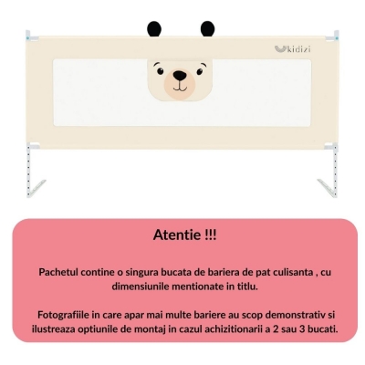 RESIGILAT Bariera protectie pat culisanta cu buzunar XXL 200 cm Kidizi Funny Bear Beige, certificata EN71, inaltime reglabila 72-100 cm, model interconectabil