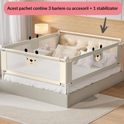 RESIGILAT Set 3 bariere protectie pat culisante XXL + STABILIZATOR pentru pat 180x200 cm Kidizi Funny Bear Beige, certificare EN71, inaltime ajustabila 72-100 cm