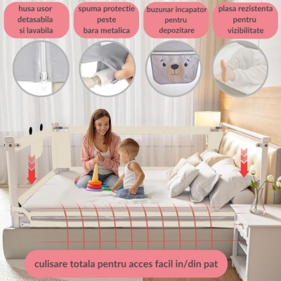 RESIGILAT Bariera protectie pat culisanta cu buzunar XXL 200 cm Kidizi Funny Bear Beige, certificata EN71, inaltime reglabila 72-100 cm, model interconectabil