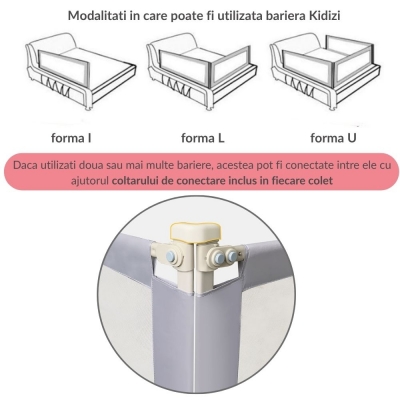 RESIGILAT Set 3 bariere protectie pat culisante XXL + STABILIZATOR pentru pat 180x200 cm Kidizi Funny Bear Beige, certificare EN71, inaltime ajustabila 72-100 cm