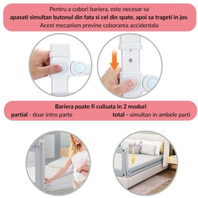 RESIGILAT Set 3 bariere protectie pat culisante XXL + STABILIZATOR pentru pat 180x200 cm Kidizi Funny Bear Beige, certificare EN71, inaltime ajustabila 72-100 cm