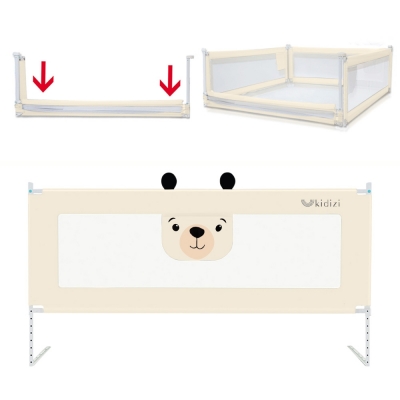 Bariera protectie pat culisanta cu buzunar XXL 140 cm Kidizi Funny Bear Beige, certificata EN71, inaltime reglabila 72-100 cm, model interconectabil