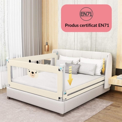 RESIGILAT Bariera protectie pat culisanta cu buzunar XXL 200 cm Kidizi Funny Bear Beige, certificata EN71, inaltime reglabila 72-100 cm, model interconectabil