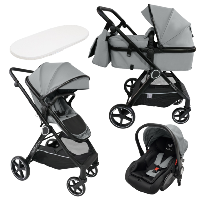 Carucior copii 3 in 1 Kidizi Moveo gri, landou transformabil in parte sport, scoica auto R129, cadru black, pana la 22 kg (0–4 ani), saltea si geanta incluse