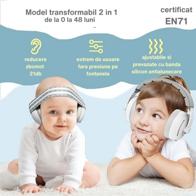 Casti antifonice bebelusi si copii 0-4 ani, model transformabil 2 in 1 Kidizi Grey, testat EN71