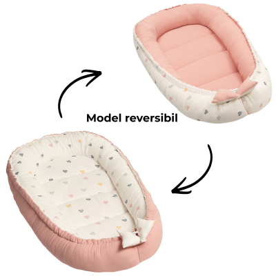 Set bebe nou-nascut 6 piese cu Baby Nest din muselina 90x50 cm, 3 paturici din muselina, 2 aleze reutilizabile impermeabile, organizator patut, 3 caciulite si 3 perechi manusi anti-zgarieturi Kidizi - Color Hearts