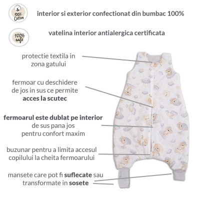 Sac de dormit cu picioare pentru copii 18-36 luni Kidizi Koala Dreams 1 tog, mansete transformabile in soseta
