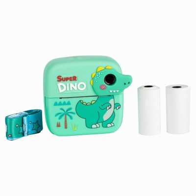 Aparat foto pentru copii cu printare instant Free2Play Dino, camere duale fata-spate, 6 filtre si cadre distractive