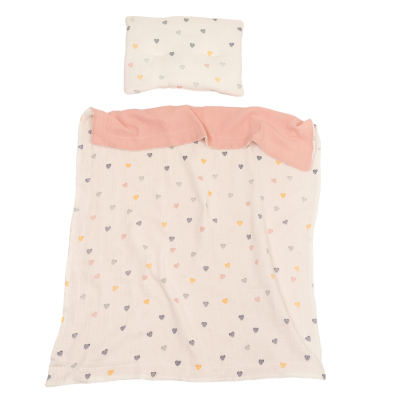 Lenjerie patut bebe 120x60 cm Kidizi Color Hearts din muselina dubla 3 piese – include cearsaf cu elastic, perna si paturica