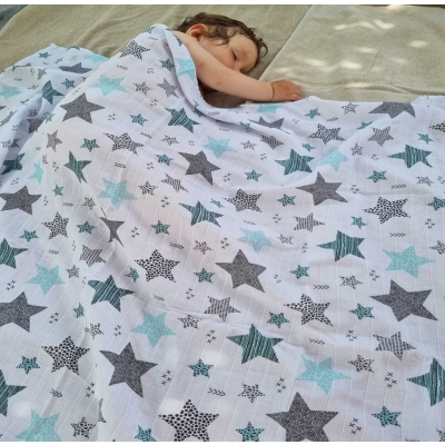 Muselina multifunctionala XXL 110x110 cm Kidizi Grey Stars, 100% bumbac