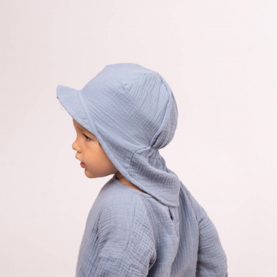 Set 2 sapci pentru copii din muselina cu cozoroc si protectie gat, bumbac 100% Kidizi Maitre 1-3 ani, jeans-mint