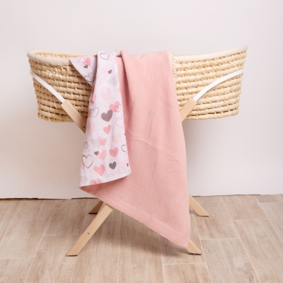 Paturica de vara din muselina dubla 110x75 cm Kidizi Pink Hearts, bumbac 100%