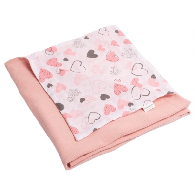 Paturica de vara din muselina dubla 110x75 cm Kidizi Pink Hearts, bumbac 100%