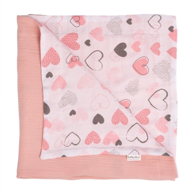 Paturica de vara din muselina dubla 110x75 cm Kidizi Pink Hearts, bumbac 100%
