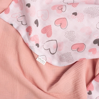 Paturica de vara din muselina dubla 110x75 cm Kidizi Pink Hearts, bumbac 100%