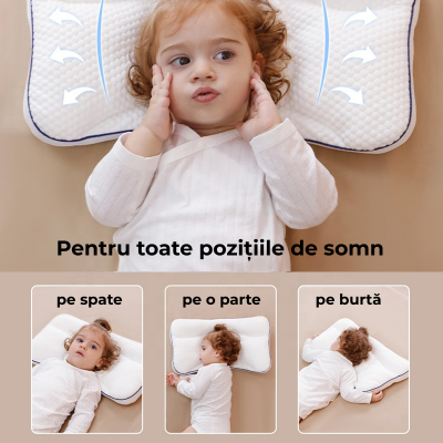 Perna ergonomica copii 3-10 ani Kidizi ErgoAir, respirabila si antibacteriana, cu doua fete si husa Safari Bej detasabila, ajuta la gestionarea caldurii in zona capului