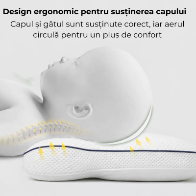 Perna ergonomica copii 3-10 ani Kidizi ErgoAir, respirabila si antibacteriana, cu doua fete si husa Safari Bej detasabila, ajuta la gestionarea caldurii in zona capului