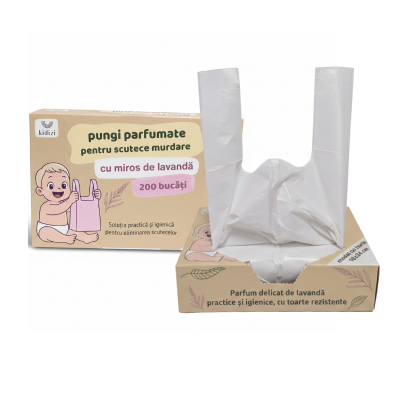 Pungi parfumate pentru scutece utilizate Kidizi, set 200 bucati, cu toarte si cutie cu clapeta