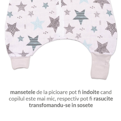 Sac de dormit cu picioare de vara din muselina 6-18 luni Kidizi All Mint Stars, 0.5 tog