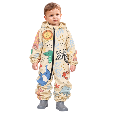 Salopeta impermeabila pentru copii cu gluga din softshell Kidizi Jungle Pals, 2-3 ani