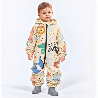 Salopeta impermeabila pentru copii cu gluga din softshell Kidizi Jungle Pals, 2-3 ani