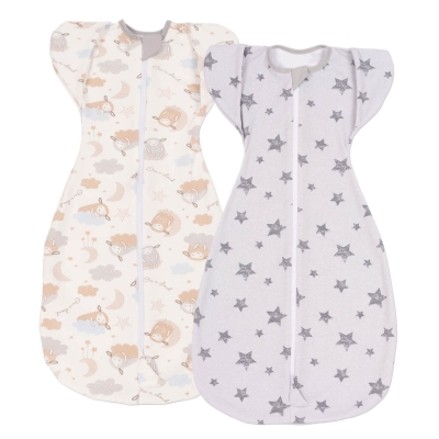 Set 2 sisteme de infasat transformabile in sac de dormit, 1-6 luni Kidizi Swaddel Confort UP Grey Stars Pastel, 100% bumbac, 0.5 tog