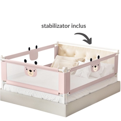 Set 3 bariere protectie pat culisante XXL + STABILIZATOR pentru pat 160x200 cm Kidizi Funny Bear Pink, certificare EN71, inaltime ajustabila 72-100 cm