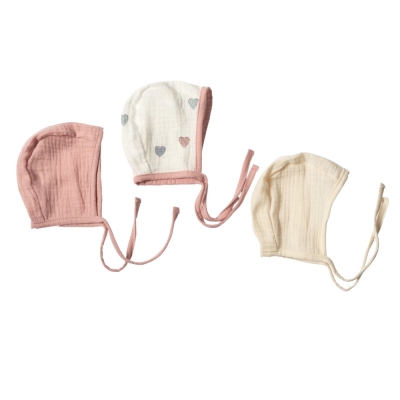 Set 3 caciulite nou-nascut cu snur de vara  Kidizi, varsta 0-2 luni, Color Hearts, stil tichie, muselina  bumbac 100%