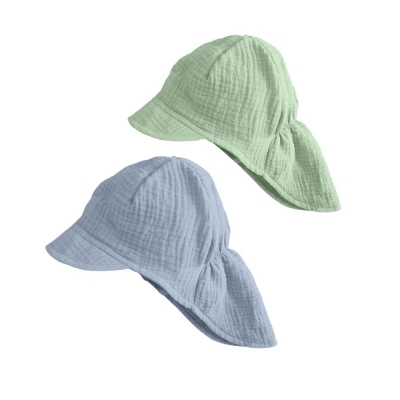 Set 2 sapci pentru copii din muselina cu cozoroc si protectie gat, bumbac 100% Kidizi Maitre 1-3 ani, jeans-mint