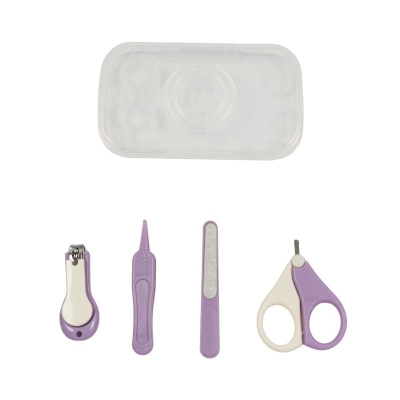 Set 4 piese ingrijire unghi bebelus Kidizi violet, include forfecuta copii, unghiera, pila, penseta