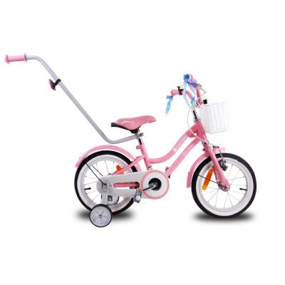 Bicicleta fete 14 inch cu roti ajutatoare, maner parinti, cos accesorii si claxon Star Bike roz