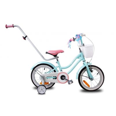 Bicicleta fete 14 inch cu roti ajutatoare, maner parinti, cos accesorii si claxon Star Bike turcoaz