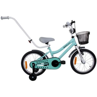 Bicicleta copii 16 inch cu roti ajutatoare, maner parinti, cos accesorii si claxon BMX Junior turcoaz