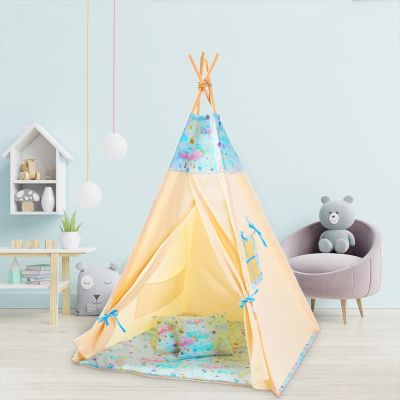 Cort copii stil indian Teepee Tent Kidizi Blue Moon, include covoras gros si 2 perne, stabilizator cadou