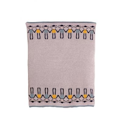 Paturica tricotata din bumbac gri cu maimute colorate Bizzi growin