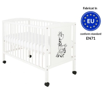 Patut din lemn masiv 120x60 cm Bria alb cu roti, reglabil pe 3 nivele, certificat EN71